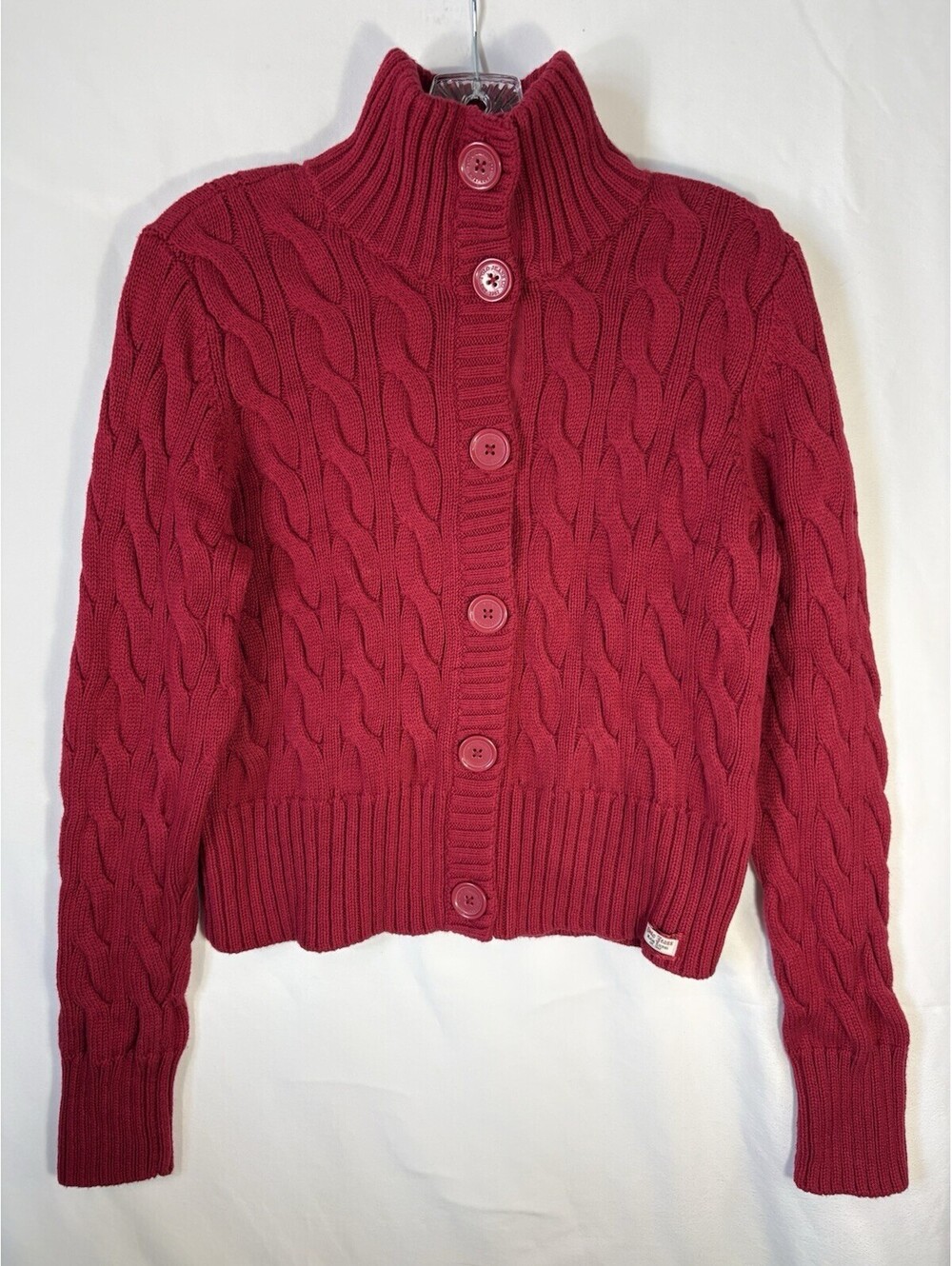 Vtg Polo Jeans Ralph Lauren Women L Red Y2K Cable Knit Cardigan Sweater Cropped